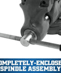 Beefed Up Heavy Duty Bench Vise For Machinists With 6 Inch Jaw Width 10 Inch Opening Five And A Half Inch Throat Locking Swivel Base With Double Lockdowns Sealed Construction For Lifetime Smooth Operation Massive Cast Iron Body And Hardened Steel Jaws, enclosed spindle assembly