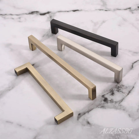Top Shelf 5 Inch Brushed Antique Brass Cabinet Pulls Square Design Center To Center Drawer Handles For Kitchen Cabinets Dressers And Vanity Furniture 10 Pack Hardware displaying four styles of cabinet pulls on marble.