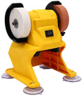 Fuss Free Cordless Mini Bench Grinder With Dual Grinding Discs and Hella Powerful 5500 Rpm Pure Copper Motor, yellow and black design.