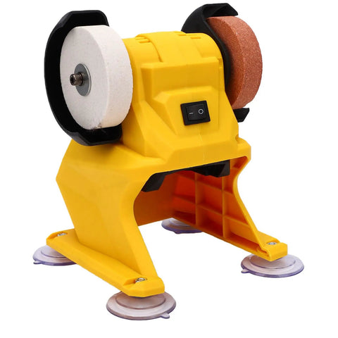Fuss Free Cordless Mini Bench Grinder With Dual Grinding Discs and Hella Powerful 5500 Rpm Pure Copper Motor, yellow and black design.