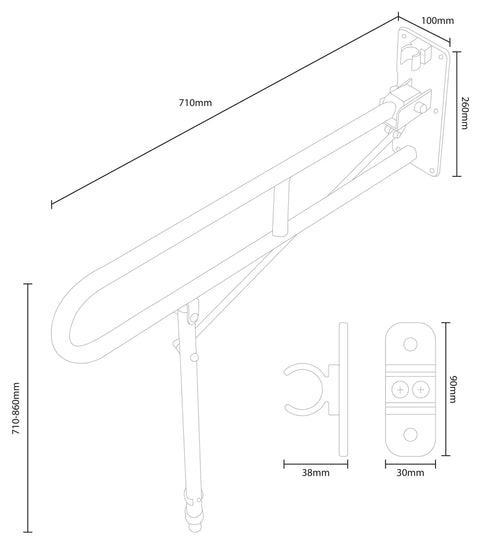 Heavy Duty Stainless Steel Toilet Safety Rails Featuring A Foolproof Flip Up Mechanism With Sturdy Leg Support dimensions diagram.