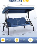 Three Seat Outdoor Porch Swing With Adjustable Canopy Converts To Bed Two In One Patio Swing And Lounge in blue with dimensions