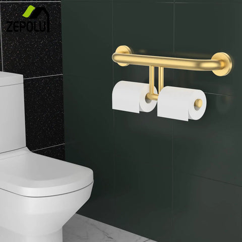 Heavy Duty Brushed Gold Handicap Grab Bar With Integrated Toilet Paper Roll Holder And 304 Stainless Steel Build mounted by toilet.