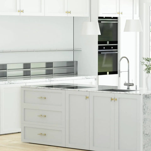 Modern kitchen featuring Top Tier Two Tone Cabinet Knobs Six Pack Brushed Nickel And Gold Square Handles for stylish cabinetry.