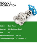 304 Stainless Steel Gate Valve Half Inch Full Bore With Wheel Handle, shown with product specs and blue wheel handle.