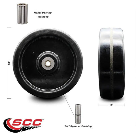 Heavy Hitting 12 Inch Phenolic Caster Wheel With Reliable Roller Bearing And 3/4 Inch Bore detailed view with roller bearing and bushing shown.