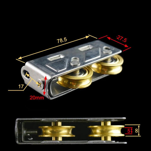 Top Shelf Heavy Duty Stainless Steel Sliding Door Pulley Kit Featuring Knockout Smooth Copper Rollers And Bulletproof Glide Action For Patio Doors And Window Tracks Exactly Two Pieces Ready, showcasing dimensions and design details.