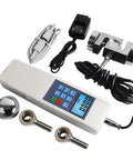Tough As Nails Digital Push Pull Force Gauge With External Sensor Built For Two Hundred Twenty Pound Loads showing gauge, sensor, power adapter, and accessories.