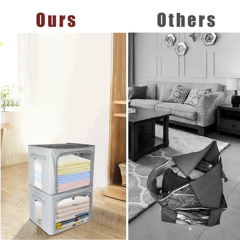 Stackable Gray Closet Storage Bins 3 Pack With Metal Frame, 40L Each, shown with folded clothes and tidy appearance