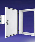 Heavy Duty Cold Rolled Steel Wall Mount Electric Vehicle Charger Cover showing the open steel door and secure locking mechanism.