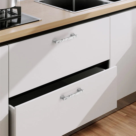 White Marble 5 Inch Cabinet Handles Set Of 10 Zinc Alloy Pulls For Cabinets And Dressers Kitchen Hardware installed on drawers