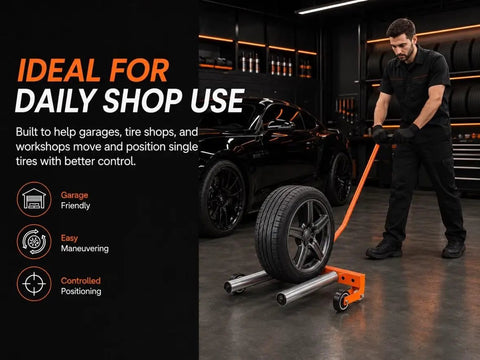 Heavy Duty Adjustable Tire Wheel Dolly With No Sweat Lever Lift Design And 440 Lbs Capacity For Effortless Hub Assembly Moving In Your Workshop and sturdy frame, black tire being moved by a man.