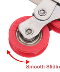 Close-up of Heavy Duty Double Wheel Door And Window Rollers Super Smooth Stainless Steel Track Pulleys with red wheels.