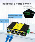 Rugged Industrial Five Port Gigabit Switch With DC 12 To 48V Input Din Rail And Wall Mount IP40 Protection, shown with ports and cables