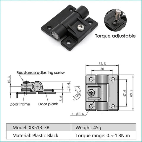 Black Plastic Adjustable Friction Torque Hinge for Cabinets and Furniture Doors, Easy Positioning and Durable 1 Piece XK513-3B diagram