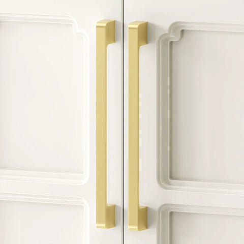 Top Shelf Brushed Gold Cabinet Handles And Drawer Pulls Made From Durable Zinc Alloy For Zero Hassle Install On Kitchen Counters Slick Rounded Edges Protect Little Hands While Dropping Serious Style Into Your Renovation 8 Inch Hole Center 10 Pack on white cabinet doors