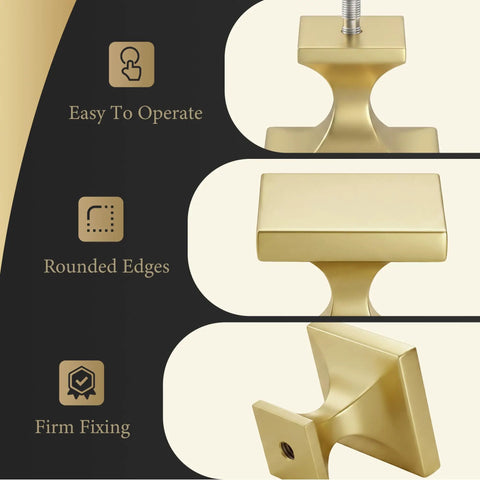 Solid As Nails 5 Pack Square Cabinet Knobs Brushed Brass Finish Zinc Alloy Drawer Handles close-up of easy operate design with rounded edges.