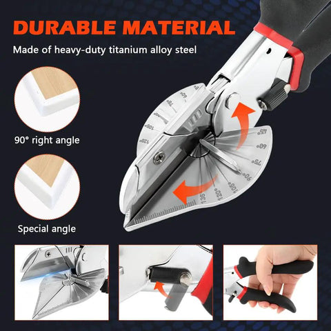 Kickass Heavy Duty Miter Shears Multi Angle Cutter with titanium alloy steel blade, adjustable angles for precise cutting.