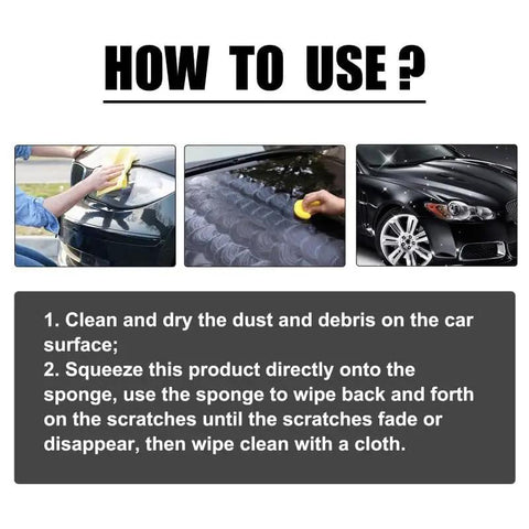 Instructions for Complete Car Scratch Remover Kit And Auto Paint Restoration Compound, showing steps for use on a vehicle.