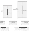 Diagram of Edge Black Concealed Finger Pulls for Cabinets and Drawers, showing dimensions and placement on various cabinet styles.