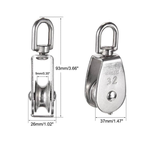 Front and side view of 6 Pack M32 Stainless Steel Wire Rope Crane Pulley Block 551lbs Lifting Crane Swivel Hook Single Pulley Block