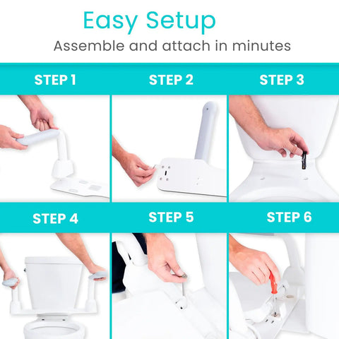 Rock Solid Heavy Duty Toilet Safety Rails With Flip Up Grab Handles assembly steps showing installation process on a toilet.