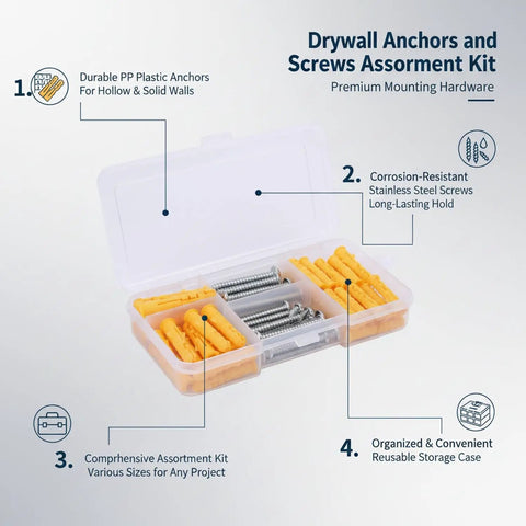 Drywall Anchors And Screws Kit With PP Plastic Wall Plugs And Stainless Steel Screws in storage case