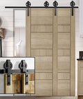 Heavy Duty Sliding Barn Door Hardware With Big Rollers And Sturdy Bent Track Hanger System For Double Doors No Sweat DIY Setup Slick Glide Finish Matte Black 9 Foot Rail mounted on wooden doors in a modern kitchen.