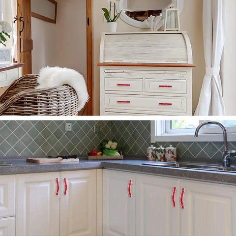 Top Tier Red Crystal Drawer Pulls For Cabinets And Dressers Hella Sparkly Boho Chic Furniture Hardware With Bombproof Screws Dead Simple Refresh Install Four Piece Kit on white cabinets and a dresser.