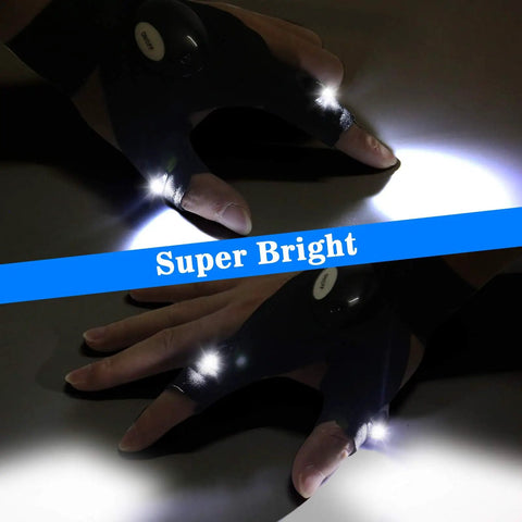 Led Flashlight Gloves Hands Free Light For Camping Fishing DIY Repairs Waterproof Black Gift For Him Fathers Day Dad Gift From Daughter Son Wife Birthday Christmas Ultra Bright LEDs Flexible Finger Lights For Easy Access And Night Work showing bright light in dark