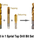 Six Piece Titanium Drill And Tap Bit Set With Center Punch Tool features cutting, tapping, and deburring bits, 3-in-1 design.