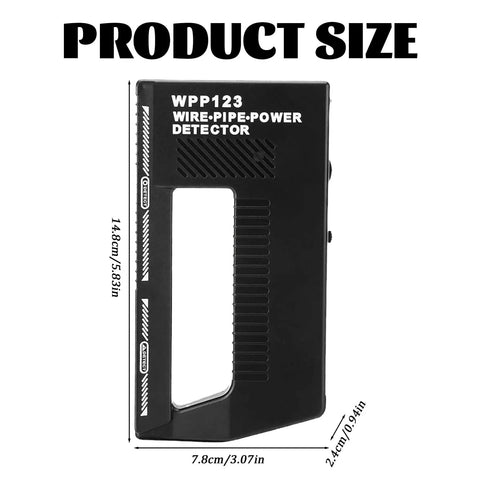 Wire Pipe Power Detector, Adjustable Alert Stud Finder Wall Scanner, 5.8x3.1 inch size, plastic design, displaying dimensions.