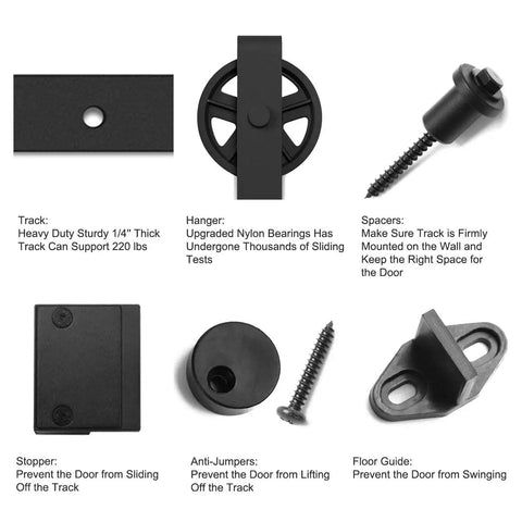 Heavy Duty Sliding Barn Door Hardware Kit With Reinforced Steel Rollers And Silent Tracks parts display, including track, hanger, stoppers, and guides.