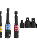 Heavy Duty Seven Piece Steel Socket Adapter Kit Featuring Rock Hard Finish And Lightning Fast Ratchet Wrench Converter with various sizes.