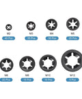 180 Piece Internal Tooth Lock Washer Assortment Kit with eight metric sizes, showing M2 to M12 black oxidized washers.
