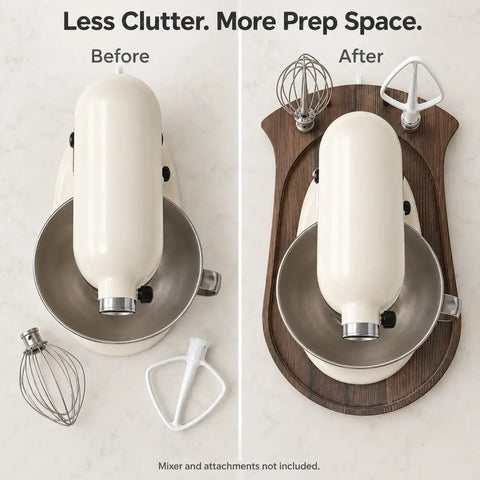 Life Hack Mixer Slider Board Saves Time and Energy with Tool Rack Easy Roll Motion Keeps Workspace Tidy No More Hunching, brown wood platform with stand mixer.
