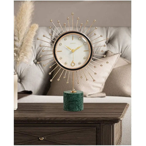Modern Marble Desktop Clock With 18K Gold Plated Frame Super Quiet Battery Sweep Movement on wooden table.