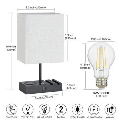 Dimensions of Two Pack Bedside Lamps With Wireless Charging, USB A And USB C Ports, And AC Outlet with LED bulb specs shown