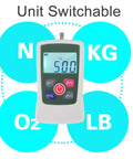 Digital Force Meter 100N High Precision Push Pull Tester showing backlit display with unit switchable options N, KG, LB, OZ.