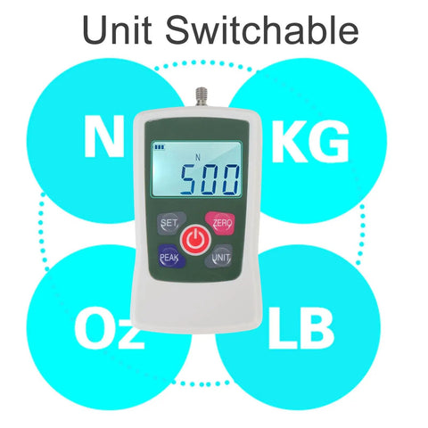 Digital Force Meter 100N High Precision Push Pull Tester showing backlit display with unit switchable options N, KG, LB, OZ.