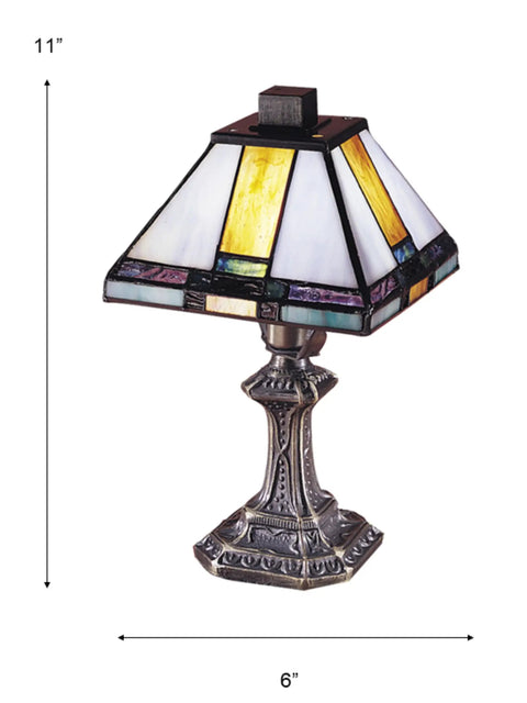 Mission Style One Light Accent Table Lamp With Tiffany Mica Shade In Bronze Dark Finish From Miniature Collection Compact 6 Inch Bedside Desk Light For Cozy Living Rooms And Nightstands showcasing detailed metal base and stained glass shade.