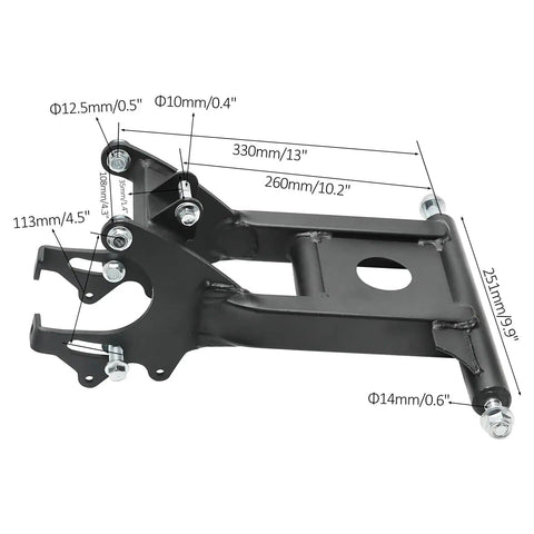 32 Inch Rear Axle Kit With Swingarm Frame Bracket And 4 Stud Wheel Hubs For 110cc To 200cc ATVs Go Karts Buggy Quad Diy Rebuild Or Replacement And Ready For Rugged Off Road Use, showing black swingarm frame bracket with measurements.