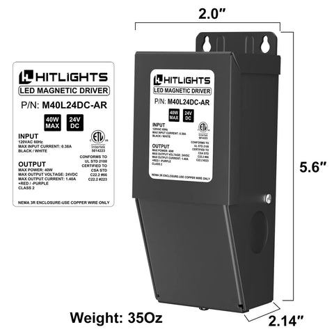 Front view of 40W Dimmable LED Driver With Magnetic Core Transformer From 120V AC To 24V DC Compatible With Lutron And Leviton Dimmers.