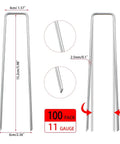 Heavy Duty 100 Pack 6 Inch 11 Gauge Galvanized Garden Staples U Shaped Landscape Pins For Securing Lawn Fabrics Weed Barriers Ground Covers And Outdoor Landscaping Projects with dimensions and details shown.