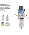 Premium Air Filter And Pressure Regulator Combo With Heavy Duty Water Separator And Precision Dial Gauge with accessories including couplers and PTFE tape.