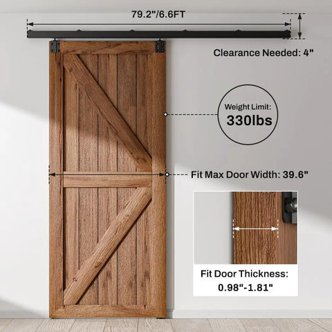 Rock Solid Heavy Duty Sliding Barn Door Track Box Rail Kit for Single Doors up to 330 Pounds 79.2 Inch with door width and thickness specs.