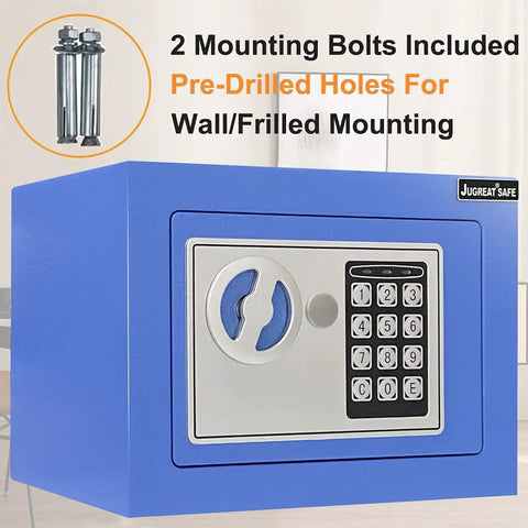 Lighted Digital Safe Box With Sensor Light Steel Construction And Hidden Lock Wall Or Cabinet Mount 0.23 Cubic Feet Ideal For Home Office Or Hotel Use Keeps Cash Jewelry And Valuables Safe And Ready In The Dark, shown with pre-drilled holes for mounting.