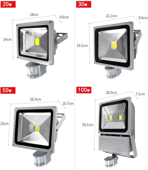 Spot Lighting Led Flood Lights Outdoor Motion Sensor Lm/W Security Lig, Warm White,100W, 50W, 30W, and 20W sizes with aluminum shell.