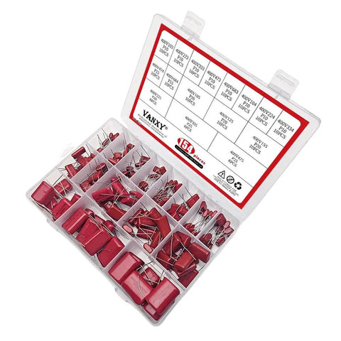 Kickass Assorted Cbb Capacitor Kit 154 Pieces 400V Metallized Electronic Components in organized storage case with red capacitors.