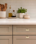 Top Shelf Brushed Gold Cabinet Handles Hella Sturdy Single Hole Drawer Pulls Two Inch Long Solid Zinc Hardware No Nonsense Thirty Pack on kitchen drawers.